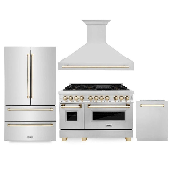 ZLINE Autograph Edition 30", 36", & 48" Stainless Steel 4-Piece Kitchen Package with Polished Gold Accents—Dual Fuel Range, Wall Mount Range Hood, Dishwasher, and Refrigerator