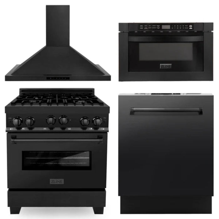ZLINE 30" Black Stainless Steel Kitchen Package with Gas Range, Convertible Vent Range Hood, Microwave Drawer, and Dishwasher