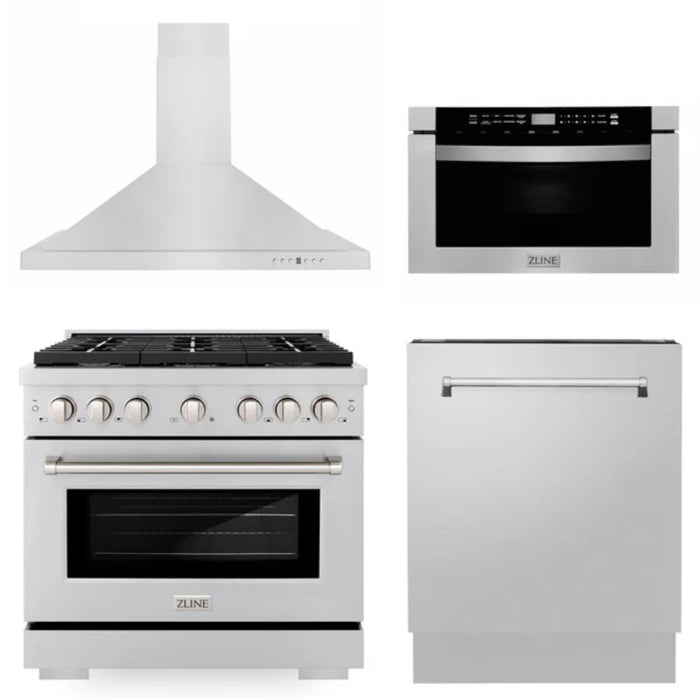 ZLINE 30" & 36" Kitchen Packages with Stainless Steel Gas Range, Convertible Vent Range Hood, Microwave Drawer, and Tall Tub Dishwasher