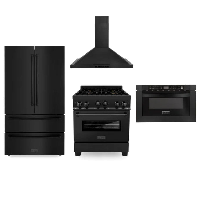 ZLINE 30", 36" & 48" Black Stainless Steel Kitchen Packages with Gas Range, Convertible Vent Range Hood, Refrigerator, and 3-Rack Dishwasher