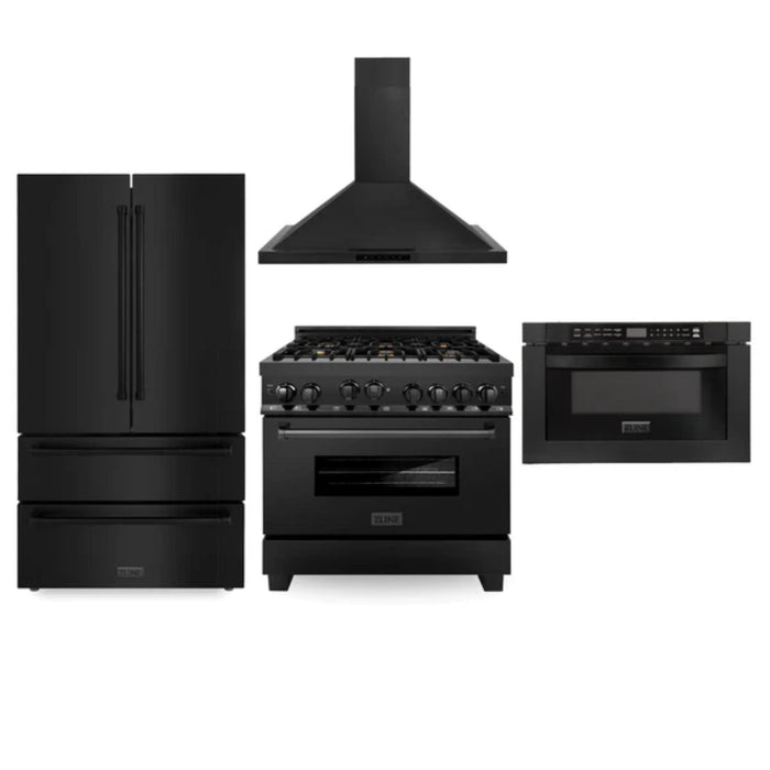 ZLINE 30", 36" & 48" Black Stainless Steel Kitchen Packages with Gas Range, Convertible Vent Range Hood, Refrigerator, and 3-Rack Dishwasher