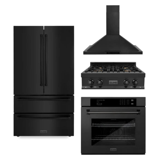 ZLINE 30", 36" & 48" Black Stainless Steel Kitchen Packages with Rangetop, Convertible Vent Range Hood, Single Wall Oven, and Refrigerator