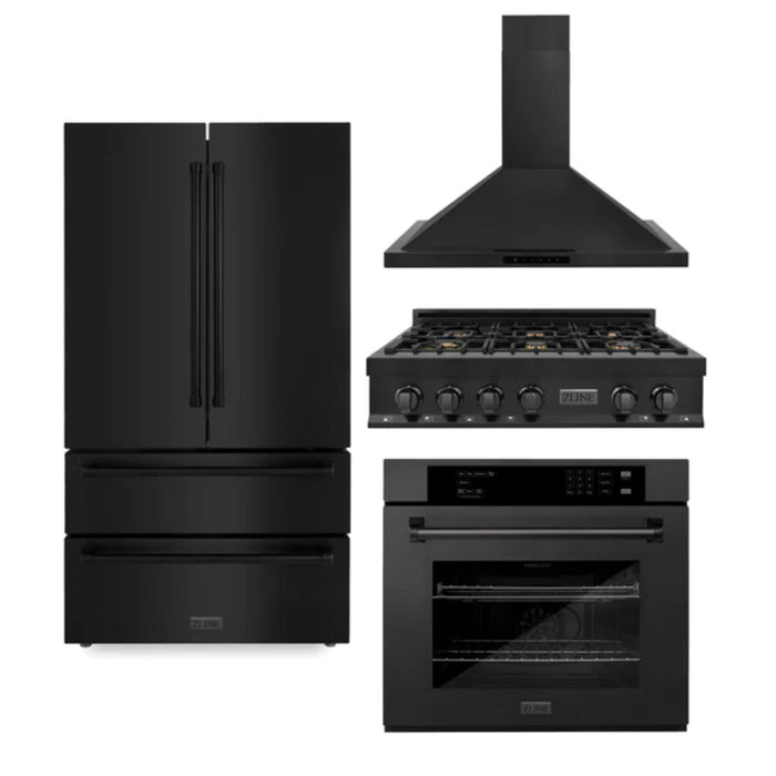 ZLINE 30", 36" & 48" Black Stainless Steel Kitchen Packages with Rangetop, Convertible Vent Range Hood, Single Wall Oven, and Refrigerator