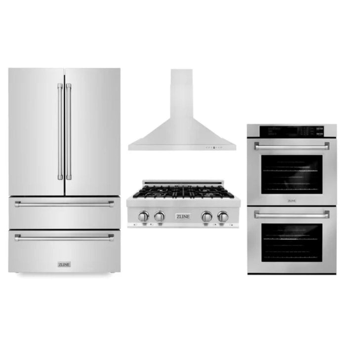 ZLINE 30", 36" & 48" Stainless Steel Kitchen Packages with Rangetop, Convertible Vent Range Hood, Double Wall Oven, and Refrigerator