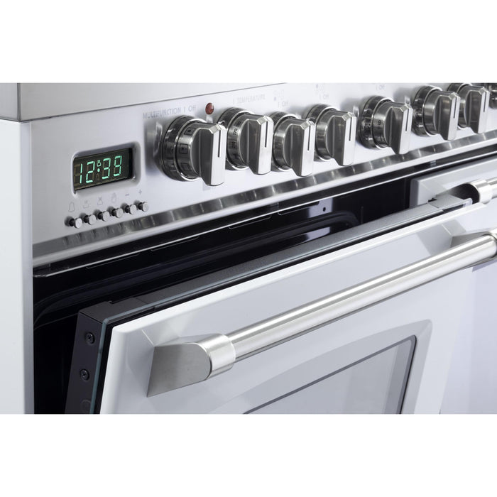Verona Prestige 36-Inch Freestanding White Dual Fuel Double Oven Range With 5 Burners, 3.9 Cu. Ft. Total Capacity Convection Oven and Elegant Design