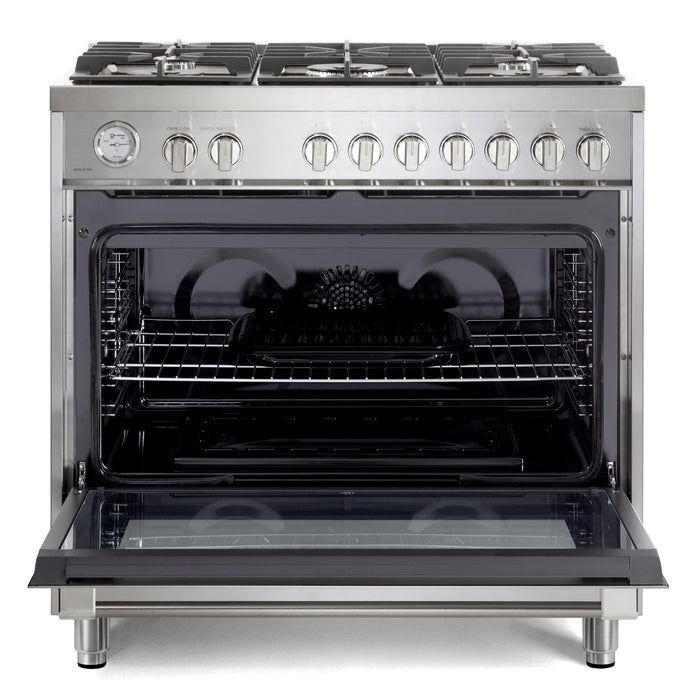 Verona Prima 36-Inch Freestanding Stainless Steel Gas Range With 5 Burners, 5.0 Cu. Ft. Convection Oven and Professional Performance