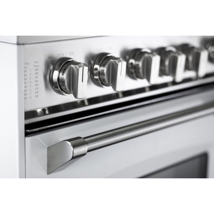 Verona Prestige 36-Inch Freestanding White Gas Range Double Oven With 5 Burners, 3.9 Cu. Ft. Total Capacity Convection Oven and Italian Craftsmanship