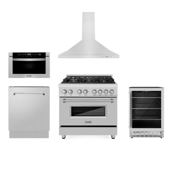 ZLINE 36" Kitchen Appliance Package with Dual Fuel Range, Range Hood, Microwave Drawer, Dishwasher, and Beverage Refrigerator (Model 5KP-RARH36-MWDWV-RWV)