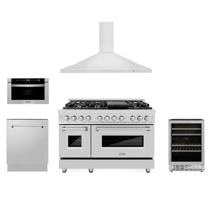 ZLINE 36" and 48" 5-Piece Kitchen Appliance Packages with Stainless Steel Dual Fuel Range, Range Hood, Microwave Drawer, Tall Tub Dishwasher, and Wine Cooler