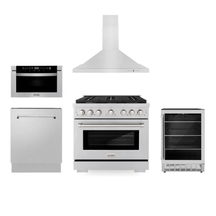 ZLINE 36" Kitchen Package with Stainless Steel Gas Range, Range Hood, Microwave Drawer, Tall Tub Dishwasher, and Beverage Fridge (Model 5KP-SGRRH36-MWDWV-RBV)