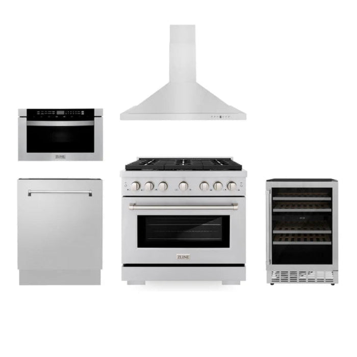 ZLINE 36" Kitchen Package with Stainless Steel Gas Range, Range Hood, Microwave Drawer, Tall Tub Dishwasher, and Wine Cooler (Model 5KP-SGRRH36-MWDWV-RWV)