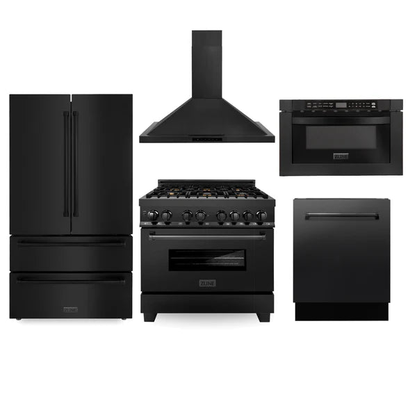 ZLINE 36" Black Stainless Steel 5-Piece Kitchen Package with Dual Fuel Range, Range Hood, Microwave Drawer, Tall Tub Dishwasher, and French Door Refrigerator (Model 5KPR-RABRH36-MWDWV)