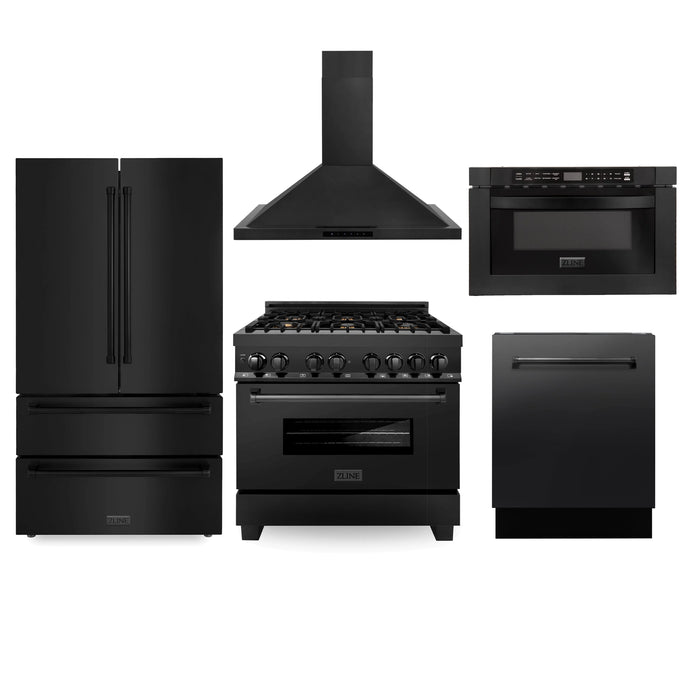 ZLINE 36" 5-Piece Kitchen Appliance Package in Black Stainless Stee