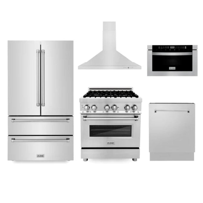 ZLINE 5-Piece Kitchen Appliance Packages with Dual Fuel Range, Convertible Vent Wall Mount Range Hood, Microwave Drawer, Tall Tub Dishwasher, and French Door Refrigerator