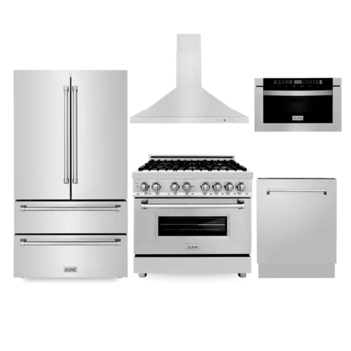 ZLINE 5-Piece Kitchen Appliance Packages with Dual Fuel Range, Convertible Vent Wall Mount Range Hood, Microwave Drawer, Tall Tub Dishwasher, and French Door Refrigerator