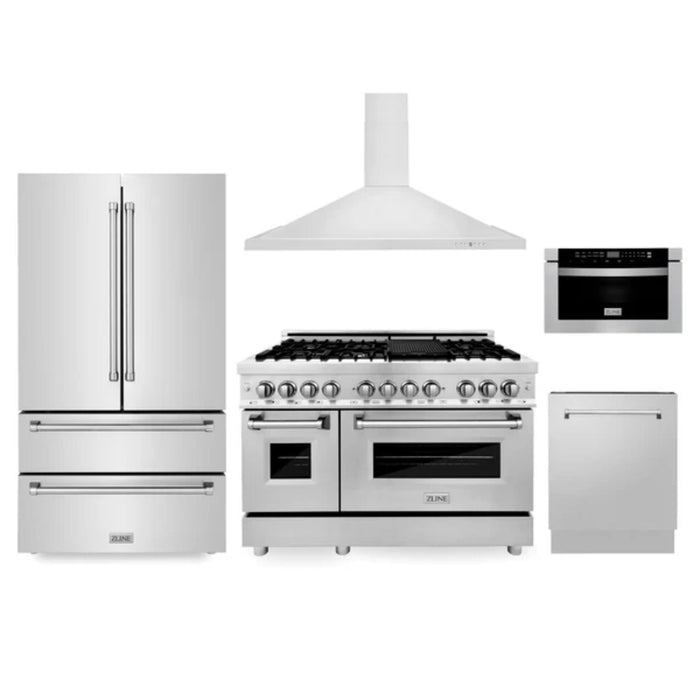 ZLINE 5-Piece Kitchen Appliance Packages with Dual Fuel Range, Convertible Vent Wall Mount Range Hood, Microwave Drawer, Tall Tub Dishwasher, and French Door Refrigerator