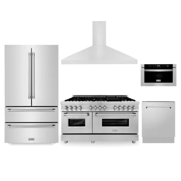 ZLINE 5-Piece Kitchen Appliance Packages with Dual Fuel Range, Convertible Vent Wall Mount Range Hood, Microwave Drawer, Tall Tub Dishwasher, and French Door Refrigerator