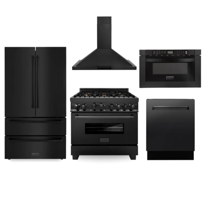ZLINE 5-Piece Kitchen Appliance Packages with Black Stainless Steel Gas Range, Convertible Vent Wall Mount Range Hood, Microwave Drawer, Tall Tub Dishwasher, and French Door Refrigerator
