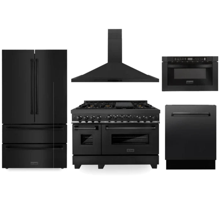 ZLINE 5-Piece Kitchen Appliance Packages with Black Stainless Steel Gas Range, Convertible Vent Wall Mount Range Hood, Microwave Drawer, Tall Tub Dishwasher, and French Door Refrigerator