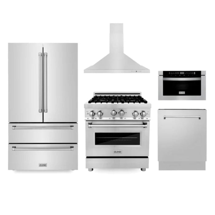 ZLINE 5-Piece Kitchen Appliance Packages with Dual Fuel Range, Convertible Vent Wall Mount Range Hood, Microwave Drawer, Tall Tub Dishwasher, and French Door Refrigerator