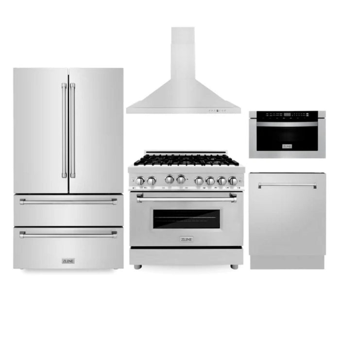 ZLINE 5-Piece Kitchen Appliance Packages with Dual Fuel Range, Convertible Vent Wall Mount Range Hood, Microwave Drawer, Tall Tub Dishwasher, and French Door Refrigerator