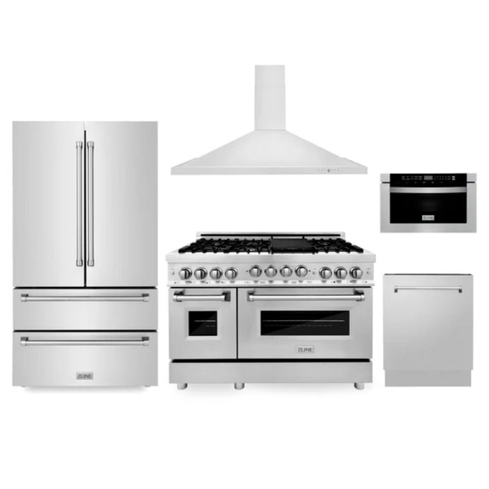 ZLINE 5-Piece Kitchen Appliance Packages with Dual Fuel Range, Convertible Vent Wall Mount Range Hood, Microwave Drawer, Tall Tub Dishwasher, and French Door Refrigerator
