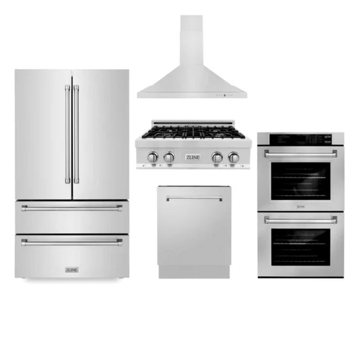 ZLINE 5-Piece Kitchen Appliance Package – 30",  36" and 48" Rangetop, Refrigerator, Double Wall Oven, Convertible Range Hood, and 24" Tall Tub Dishwasher