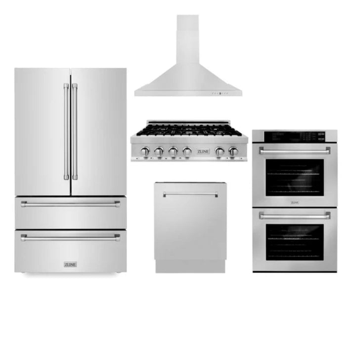 ZLINE 5-Piece Kitchen Appliance Package – 30",  36" and 48" Rangetop, Refrigerator, Double Wall Oven, Convertible Range Hood, and 24" Tall Tub Dishwasher