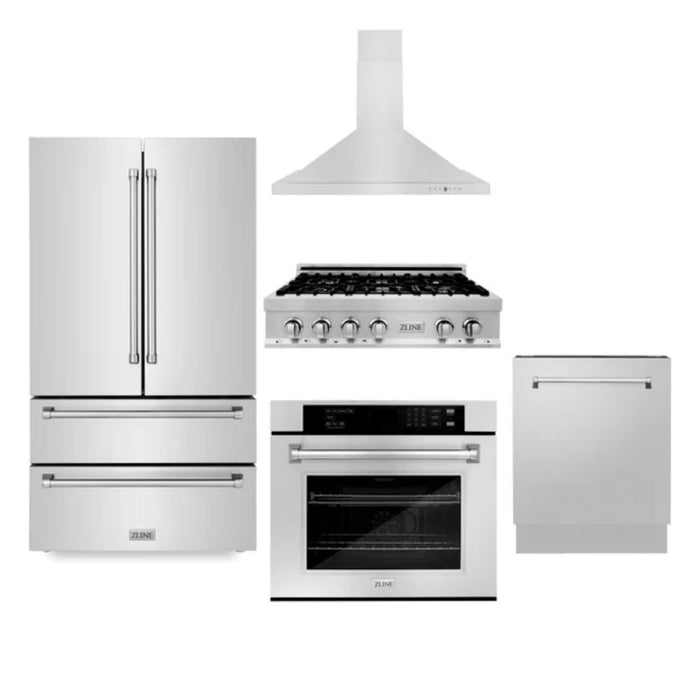 ZLINE 5-Piece Kitchen Appliance Package – 36" or 48" Stainless Steel Rangetop, Refrigerator, Double Wall Oven, Convertible Range Hood, and 24" Tall Tub Dishwasher