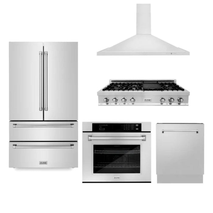 ZLINE 5-Piece Kitchen Appliance Package – 36" or 48" Stainless Steel Rangetop, Refrigerator, Double Wall Oven, Convertible Range Hood, and 24" Tall Tub Dishwasher