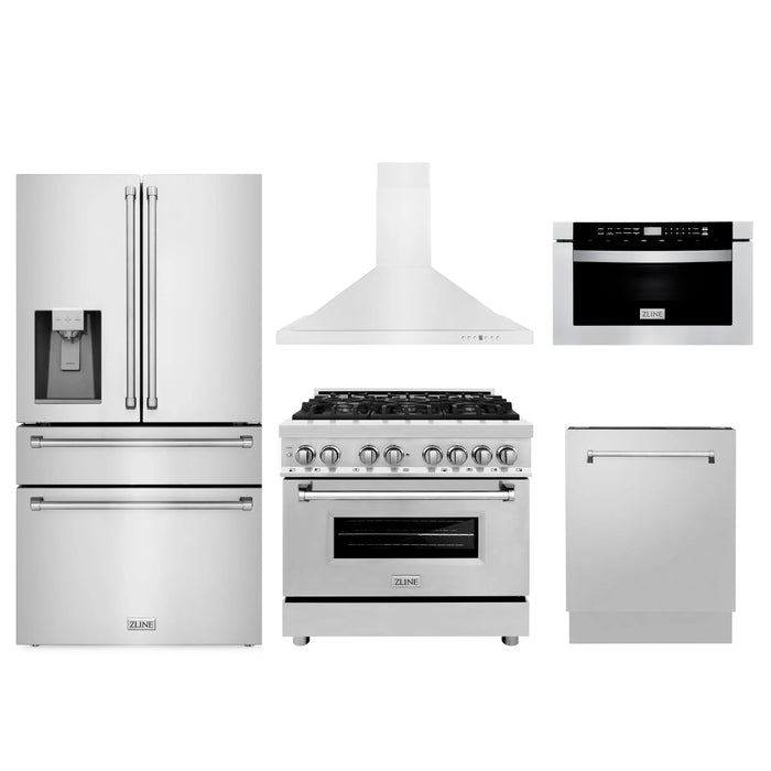 ZLINE 36" 5-Piece Kitchen Appliance Package in Stainless Steel (5KPRW-RARH36-MWDWM)