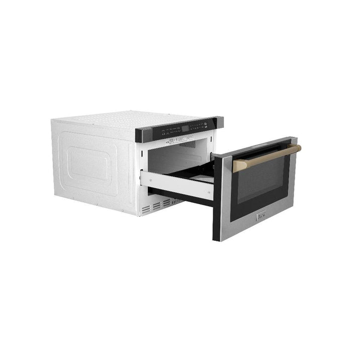 ZLINE 24" Autograph Edition  1.2 cu. ft. Built-in Microwave Drawer in Stainless Steel with Champagne Bronze Accents and Traditional Handle