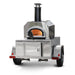 A portable outdoor pizza oven with a stainless steel finish, on wheels for easy transport, labeled as the Chicago Brick Oven CBO-750 Tailgater.