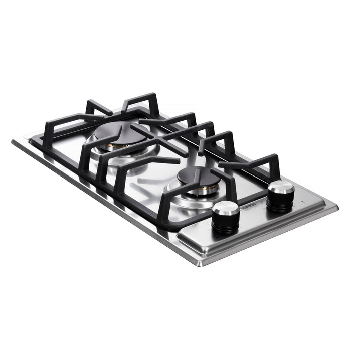 Verona 12-Inch Designer Series Stainless Steel Gas Cooktop with 2 Brass Burners, Continuous Grates, Electronic Ignition and Flame Failure Safety Device