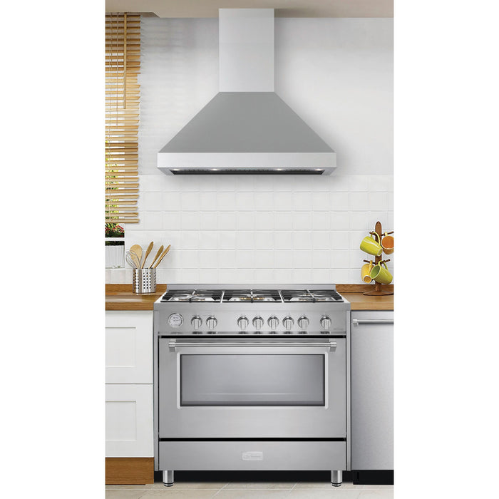 Verona 36-Inch Designer Series Stainless Steel Chimney Wall Mount Range Hood with 600 CFM, 4-Speed Fan, LED Lighting and ETL Listed