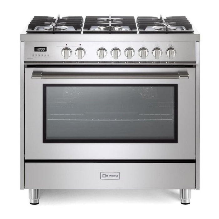 Verona Prima 36-Inch Freestanding Stainless Steel Dual Fuel Range With 5 Burners, 5.0 Cu. Ft. European Convection Oven And Italian Craftsmanship