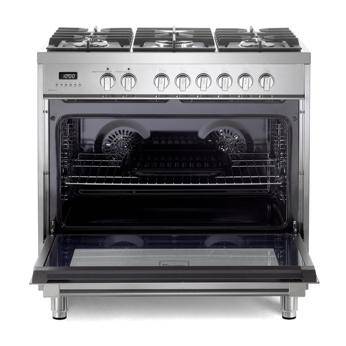Verona Prima 36-Inch Freestanding Stainless Steel Dual Fuel Range With 5 Burners, 5.0 Cu. Ft. European Convection Oven And Italian Craftsmanship