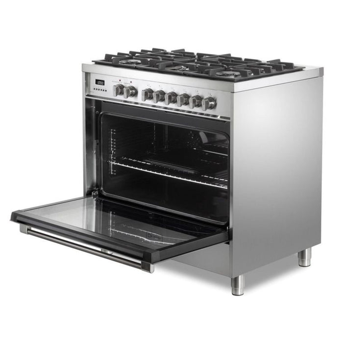Verona Prima 36-Inch Freestanding Stainless Steel Dual Fuel Range With 5 Burners, 5.0 Cu. Ft. European Convection Oven And Italian Craftsmanship