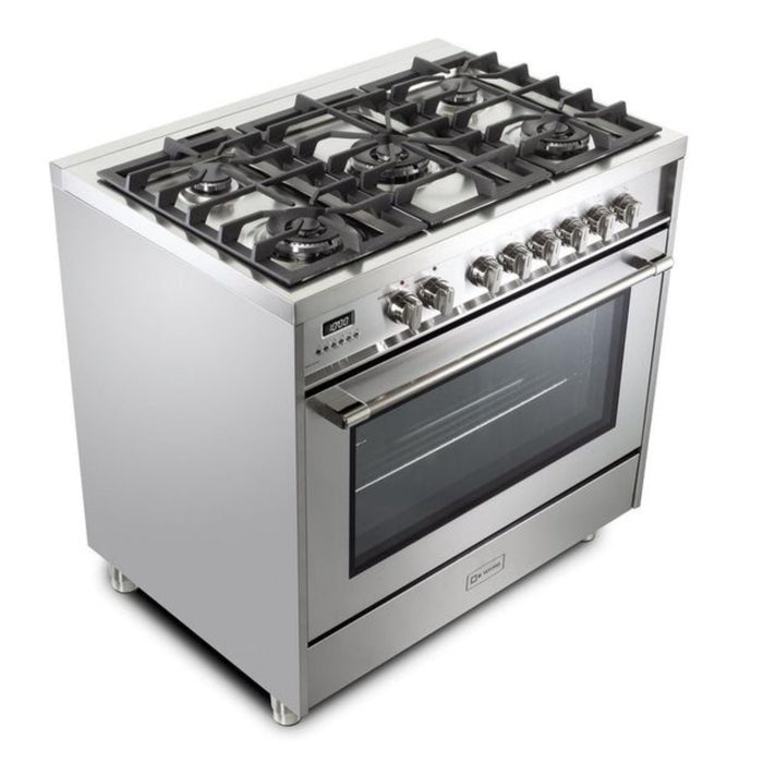 Verona Prima 36-Inch Freestanding Stainless Steel Dual Fuel Range With 5 Burners, 5.0 Cu. Ft. European Convection Oven And Italian Craftsmanship