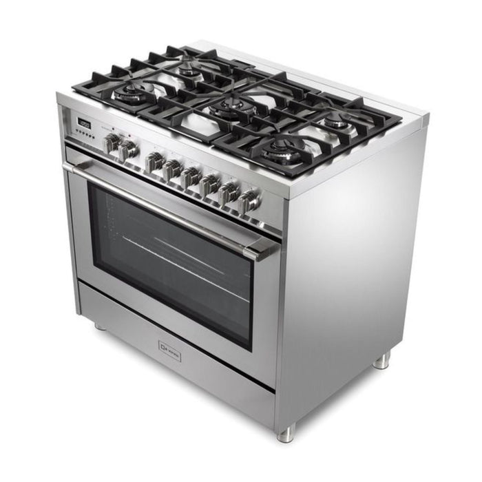 Verona Prima 36-Inch Freestanding Stainless Steel Dual Fuel Range With 5 Burners, 5.0 Cu. Ft. European Convection Oven And Italian Craftsmanship
