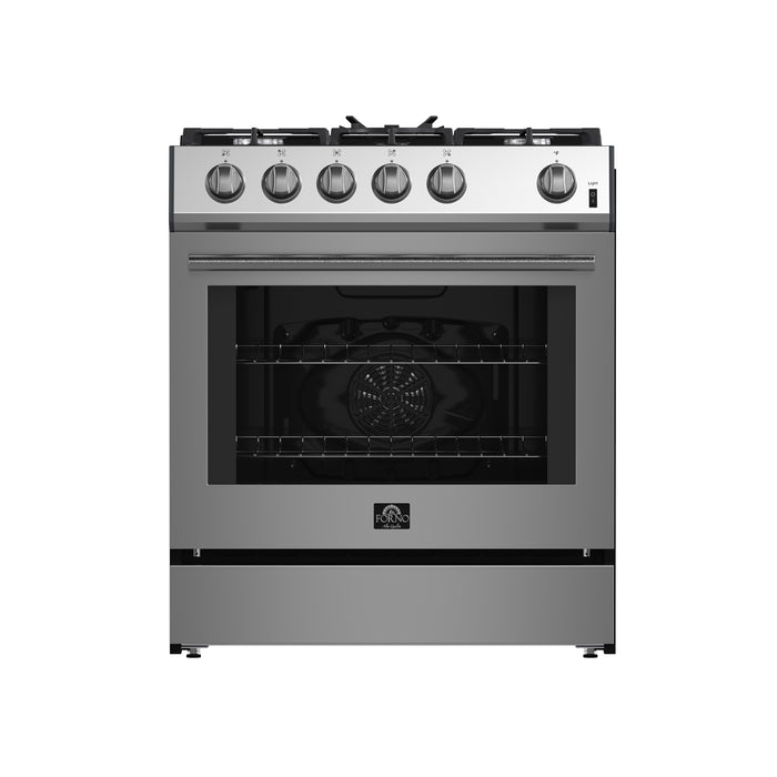 Forno Leonardo 30-Inch Stainless Steel Gas Range, 5 Sealed Burners (Totaling 68,000 BTU), 4.32 cu.ft. Convection Oven, Continuous Cast Iron Grates, Black Enamel Interior, Auto Re-Ignition, LP Conversion Kit Included