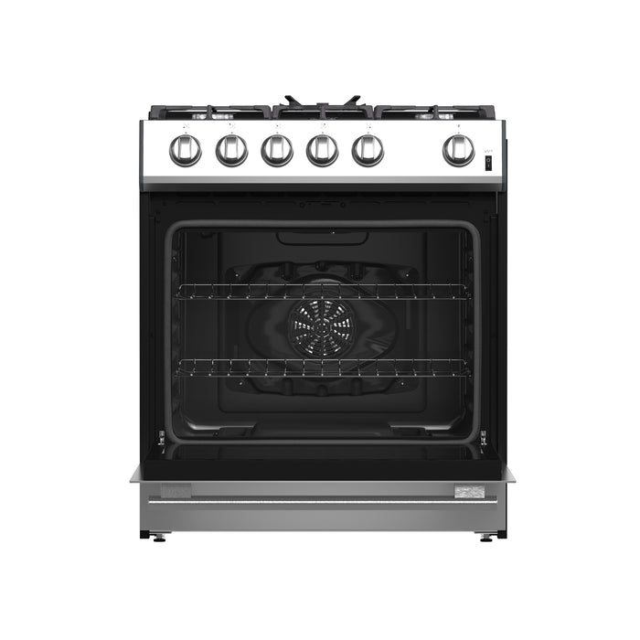 Forno Leonardo 30-Inch Stainless Steel Gas Range, 5 Sealed Burners (Totaling 68,000 BTU), 4.32 cu.ft. Convection Oven, Continuous Cast Iron Grates, Black Enamel Interior, Auto Re-Ignition, LP Conversion Kit Included