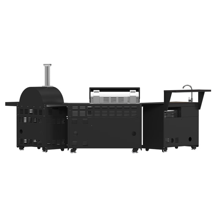 Forno All’Aperto 87,600 BTU Outdoor Kitchen, 4 Burners, Infrared Burners, Side Burner, Black Sintered Stone Countertops, Gas Pizza Oven, Sink Module, Bar & Beverage Center