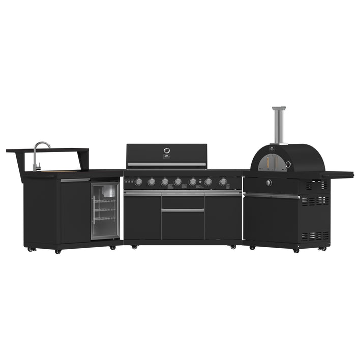 Forno All’Aperto 87,600 BTU Outdoor Kitchen, 4 Burners, Infrared Burners, Side Burner, Black Sintered Stone Countertops, Gas Pizza Oven, Sink Module, Bar & Beverage Center