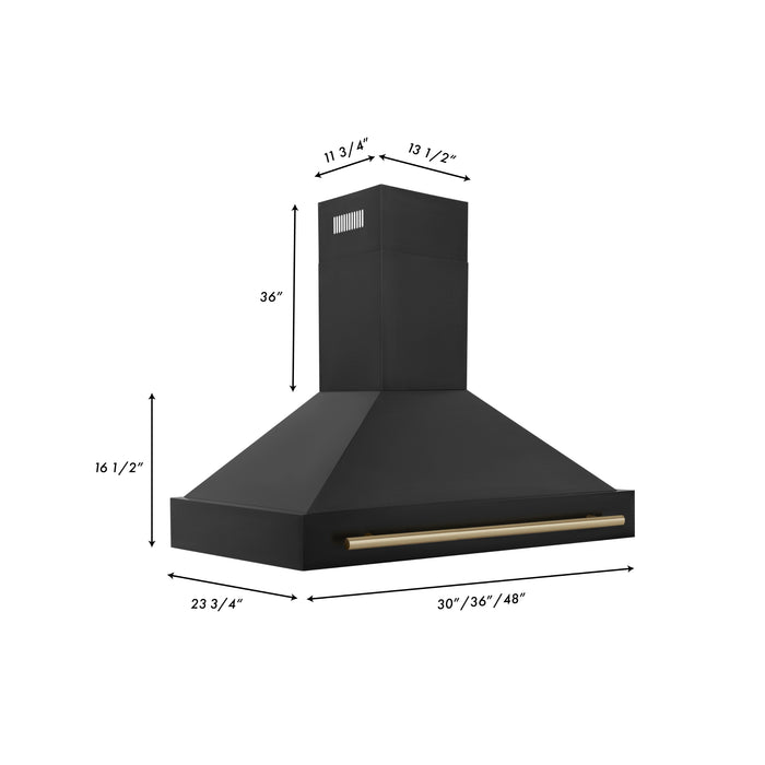 ZLINE 48" Black Stainless Steel Range Hood with Champagne Bronze Handle