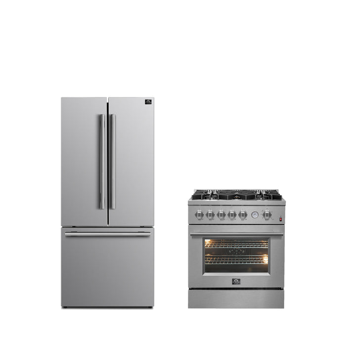 FORNO Premium 2-Piece Kitchen Bundle -Giovanni 30-inch Gas Range Stainless Steel, Forno Gallipoli 30" French Door Refrigerator with Bottom Freezer 17.5 cu. ft Capacity - FBDL-020-01-CAUS