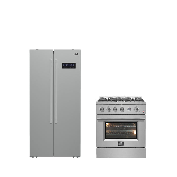 FORNO Premium 2-Piece Kitchen Bundle - Marco 30-inch Gas Range Stainless Steel, Forno Salerno 33" Side-by-Side Stainless Steel Refrigerator 15.6 cu.ft - FBDL-021-01CAUS