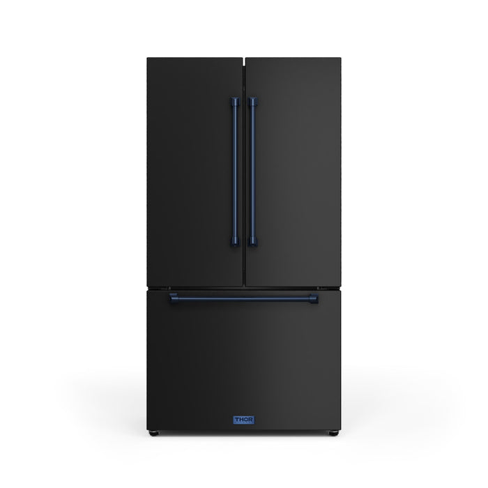 Black refrigerator with blue handles on a white background