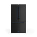 Black refrigerator with blue handles on a white background