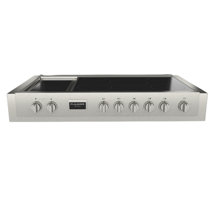 Fulgor Milano 48-Inch Pro Built-In Induction Rangetop, 600 Series, Quantum Induction, 5 Cooking Zones + 2-Zone Quantum Induction Trilaminate Griddle